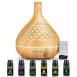 DOCOO Difusor de Aromas, 400ML Humidificador Aromaterapia con 6 Botellas de Aceite Esencial 100% Puro, 7 Luces LED de Color y 4 Temporizador, Difusor  características