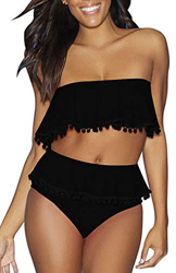 Mujer Traje de Baño Volantes Borla Tops con Pompon Fuera del Hombro Bikini de Dos Piezas Ropa de Playa de Cintura Alta precio