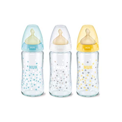 Pack 3 biberones FC+ cristal 240ml con tetina de látex M de 0 a 6 meses. Colores: azul, blanco y amarillo
