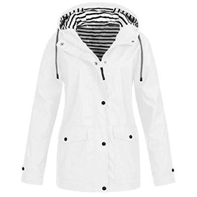 CNBOY Chubasquero con capucha, impermeable, ligero, para mujer, cortavientos, prenda ideal para exteriores (Blanco, L)