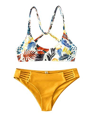 ZAFUL Bikini para mujer con estampado de hojas y tirantes. amarillo M