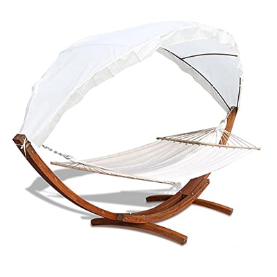 VINGO hamaca con Soporte de Madera, Hamaca Tumbona con capota, 415x150x210cm Carga hasta 200kg, para 2 Personas para Patio Jardín Playa Camping Picnic