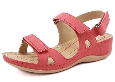 Sandalias con Punta Abierta para Mujer de Cuero Cómodo Sandalias de Caminar Antideslizantes Zapatos de Viaje Verano Playa con Ajustable al Tobillo Roj