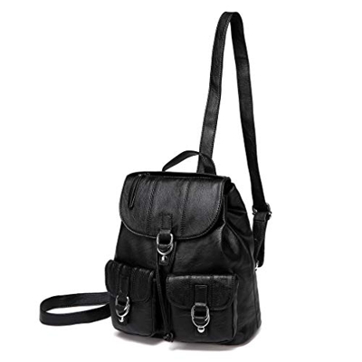 VASCHY Mochila Mujer,Bolsos Mochila Piel Pequenas Casual Moda Bolsillo Múltiple Bolsa Escolares para Niña con Cordón Negra