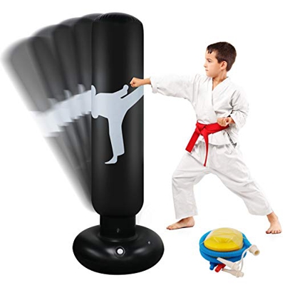 Saco de Boxeo Inflable, Niños de 63 Pulgadas Independiente Soporte de Destino Torre de Soporte Vasos de Alta Resistencia Bolsa de Arena para Boxeo Ent