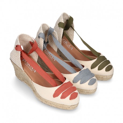 Alpargata Mujer Cuña Tres Cintas Colores Moda Tipo Valenciana En Lona Piqué. 40 Kaki