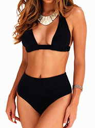 Bikini de Mujer Conjunto de 2 Piezas de Cuello Halter Traje de Baño de Estampado Floral de Cintura Alta para el Verano en oferta