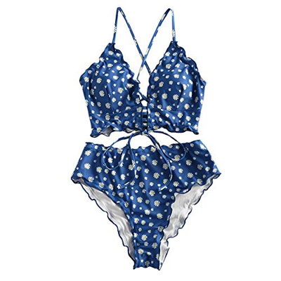 ZAFUL Tankini Set con Relleno Estampado Tirantes Anudados Braguita Talle Alto para Mujer, S