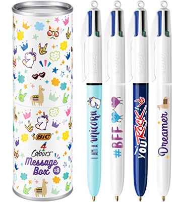 BIC 992555  Message Box - Bolígrafos BIC 4 Colores de Punta Media (1.0 mm) - Varios Mensajes, Caja Metálica de Regalo con 8 Uds.