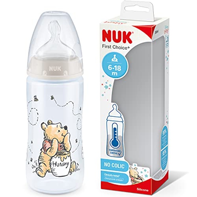 NUK First Choice+ - Biberón para bebés de 6 a 18 meses, indicador de control de temperatura, botella de 300 ml con válvula anticólicos, sin BPA, tetin