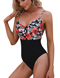 Akalnny Trajes de Baños para Mujer de una Pieza Bañador con Correa Ajustable Traje Conjunto de Natación Alta Cintura Flores Bañadores Monokini para Pl en oferta