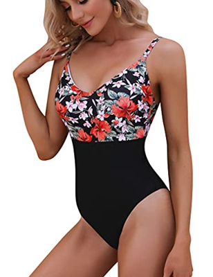 Akalnny Trajes de Baños para Mujer de una Pieza Bañador con Correa Ajustable Traje Conjunto de Natación Alta Cintura Flores Bañadores Monokini para Pl