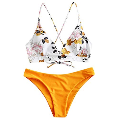 ZAFUL Conjunto de Bikini con Relleno Push Up Triangular Busto Ajustable con Tirantes Cruzados Traseros Estampado Talle Bajo S