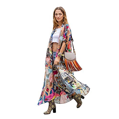 Lazz1on Cardigan Pareos Mujer Cubrir Traje de Baño Floral Kimono Cubierta de Playa Ups Bohemia Largos Vestido