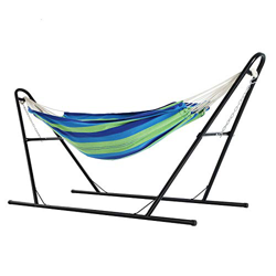 SONGMICS Hamaca con Soporte, Hamaca Doble de 210 x 150 cm, Marco de Hierro Resistente, con Base de Doble Carril, Pies Extendidos, Carga 250 kg, Jardín características