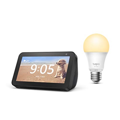 Echo Show 5, Negro + TP-Link Tapo Bombilla Inteligente (E27), compatible con Alexa