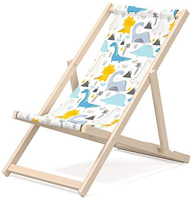 Novamat - Tumbona infantil de madera, plegable, para playa, jardín, balcón, playa, diseño de dinosaurio