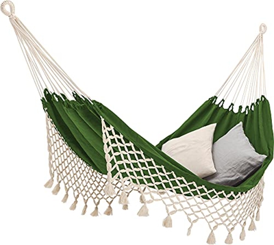 ECOMUNDY Romance XL 380 - Hamaca doble con flecos, tejido a mano, GOTS de algodón orgánico, 160 x 260 x 380 cm, color verde/crudo