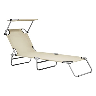Tumbona Plegable Argozelo 186 x 55 x 24 cm con Techo Parasol Toldo Acero hasta 110 kg Hamaca de Playa Asiento para Jardín Silla Reclinable Piscina Bei