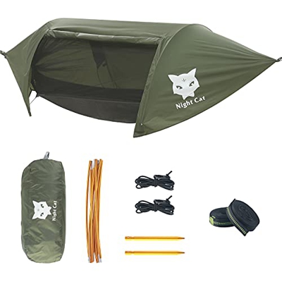 Night Cat Tienda de Campaña Hamaca con Mosquitera y Lluvia Volar para Uno Persona, Impermeable, Transpirable, Portátil para Senderismo, Pesca, Exterio