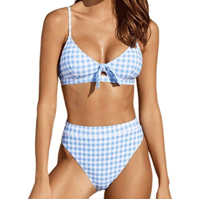 DURINM Mujer Traje De Baño Bikini Conjunto de Bikini con Relleno Push Up Triangular Tartán Sexy Retro Brasileños Mujer Dos Piezas Tartán Cuello Halter