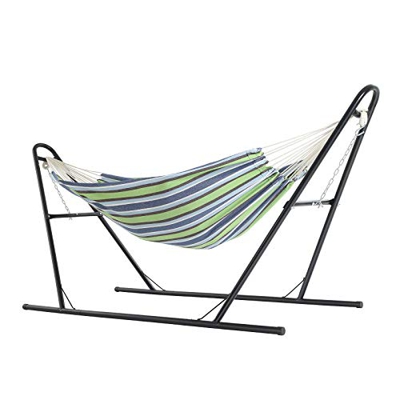 SONGMICS Hamaca con Soporte, Hamaca Doble de 210 x 150 cm, Marco de Hierro Resistente, con Base de Doble Carril, Pies Extendidos, Carga 250 kg, Jardín