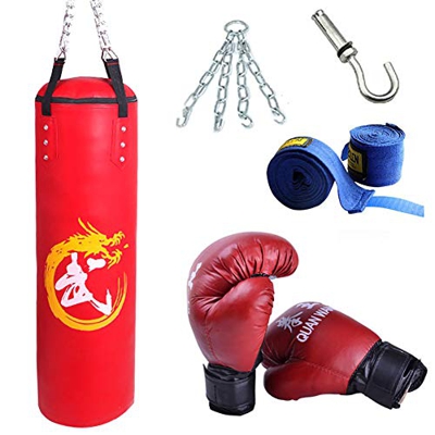 Conjunto De Saco De Boxeo, Saco De Boxeo Pesado con Guantes De Boxeo Juego Cadenas Y Mitones Colgantes Alta Resistencia Juego Completo para Niños Adul
