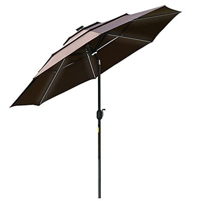 Outsunny Sombrilla de Jardín Ø300x250cm con Luces LED y Panel Solar Manivela Ángulo Ajustable en 3 Posiciones Parasol para Patio Terraza Piscina Café