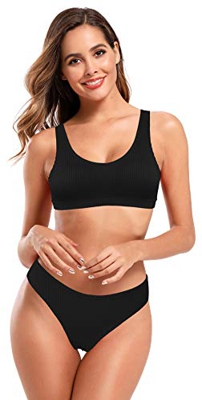 SHEKINI Bikini De 2 Piezas para Mujer Traje De BañO Deportivo Acanalado Bikini con Cuello En U Parte Superior De Bikini De Cintura Baja Bikini De Play