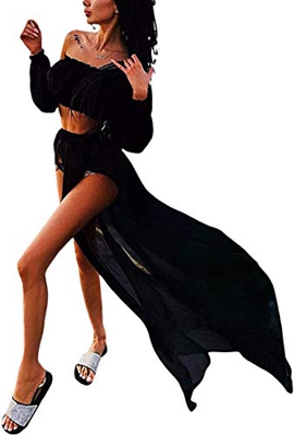 Vestido de Playa 2 Piezas Traje de Baño para Mujer Cubierta de Bikini Crop Top Camiseta Corta de Manga Larga Falda Larga con Aberturas Pareo Cover Up 