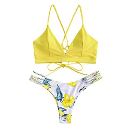 ZAFUL Conjunto de bikini para mujer trenzado, acolchado, diseño floral amarillo claro S en oferta