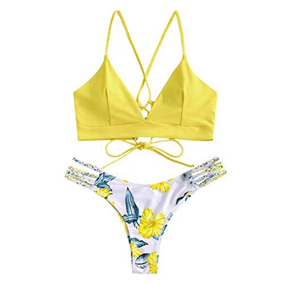 ZAFUL Conjunto de bikini para mujer trenzado, acolchado, diseño floral amarillo claro S