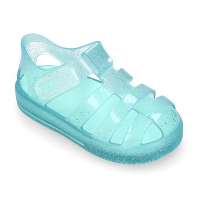Cangrejera Niña Con Cierre Adherente Tipo Tenis Cristal Glitter Para Playa Y Piscina. 25 Aguamarina