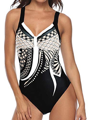 heekpek Trajes de Una Pieza Vintage Impresión Bañador Natacion Mujer Surf Tallas Grandes Monokini Push Up Sexy V-Cuello Verano Traje de Baño Atlético 