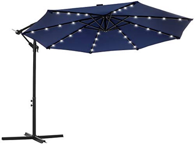 SONGMICS Parasol excéntrico de jardín, con 32 Leds de luz Solar, Sombrilla Ø 3 m con Base, Protección UPF50+, Manivela para Abrir/Cerrar, Terraza/Pati