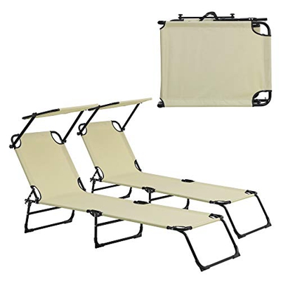 casa.pro] Set de 2 tumbonas Plegables 190cm Beige con Parasol Hamaca de Acero para Playa, jardín y Piscina
