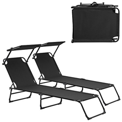 casa.pro] Set de 2 tumbonas Plegables 190cm Negras con Parasol Hamaca de Acero para Playa, jardín y Piscina en oferta