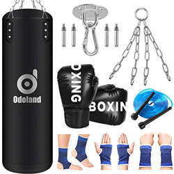 Odoland Saco de Boxeo, 80 CM Punching Bag Sin Relleno con Guantes de Boxeo Niños, Tobillera Muñequeras Deportivas, Cuerda para Saltar y Soporte Pared  características