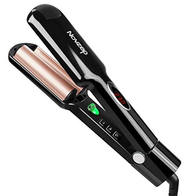 Novzep - Rizador de pelo con doble rizador, iones negativos y hierro ondulado 3D, turmalina, indicador digital de temperatura para pelo largo y corto