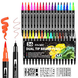 Qhui Rotuladores Lettering 36 Colores y 3 Plantillas Rotuladores Punta Pincel Rotuladores Acuarelables Doble Punta para Acuarelas Dibujos y Caligrafía en oferta