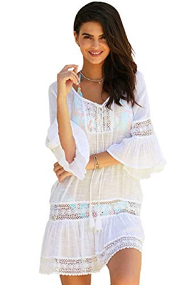 Voqeen Mujer Borla Verano Vestido Pareo Túnica Encaje de Playa Bikini Cover Up Bikini Cubrir Mujer Playa Traje de Baño Vestido Camisola Talla única (B