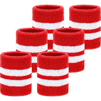 BANGBANGSHOP - Pack de 6 muñequeras deportivas absorbentes para fútbol, baloncesto, correr, deportes atléticos, Rojo con rayas blancas.