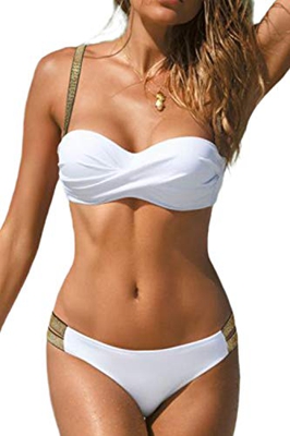 JFAN Traje de Baño de Mujer Cinturón Dorado Acolchado Bra Tops de Bikini Conjunto de Bikini de Color Liso Push Up Swimwear Dos Piezas Trajes de Baño D