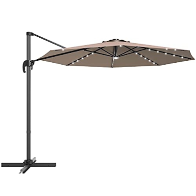 COSTWAY Parasol Colgante con Manivela Ø300cm Sombrilla Voladiza de Jardín Sombrilla con LED Solar Sombrilla para Jardín Terraza Piscina (Marrón)