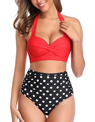 Tuopuda Mujer Retro Cintura Alta Conjunto de Bikini de Dos Piezas con Pliegues Halter Fruncido Push Up Arriba Trajes de baño Acolchados