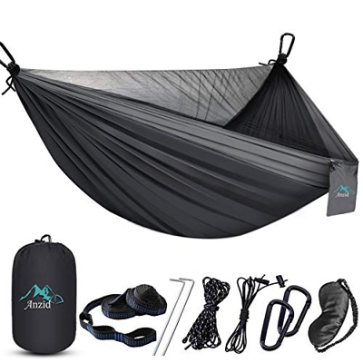 Anzid Hamaca de Camping con Mosquitero, Portátil Hamaca Ultra Ligera 290 x 140 cm, Capacidad de Carga de hasta 200 kg, para Exterior, Senderismo, Camp