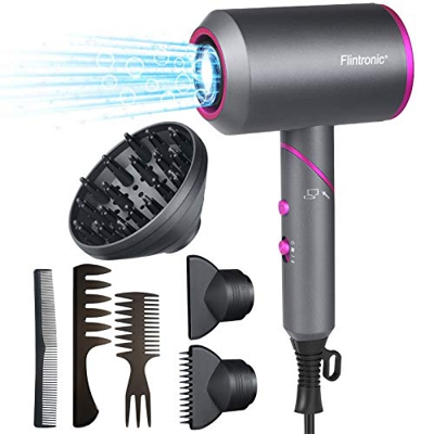 Flintronic Secador de Pelo Plegable y Portátil, 2000W Secador de Pelo Iónico Secador para cabello seco rápidamente, con 2 Boquillas y 1 Difusor, Botón