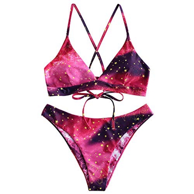 ZAFUL - Bikini reversible con cordones con estampado de galaxia para mujer