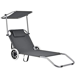 Tumbona con 2 Ruedas 146 x 52 x 15 cm Silla de Playa con Parasol para jardín terraza Patio Piscina Playa Gris Oscuro precio