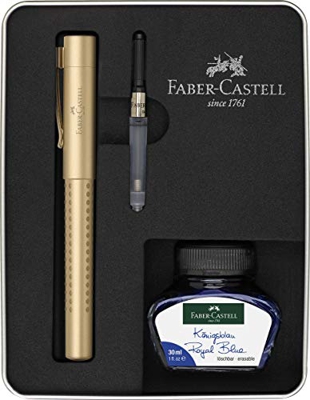 Faber-Castell 201523 Grip Edition - Juego de pluma estilográfica con barril de tinta de 30 ml azul real y convertidor, en estuche de metal, color dora